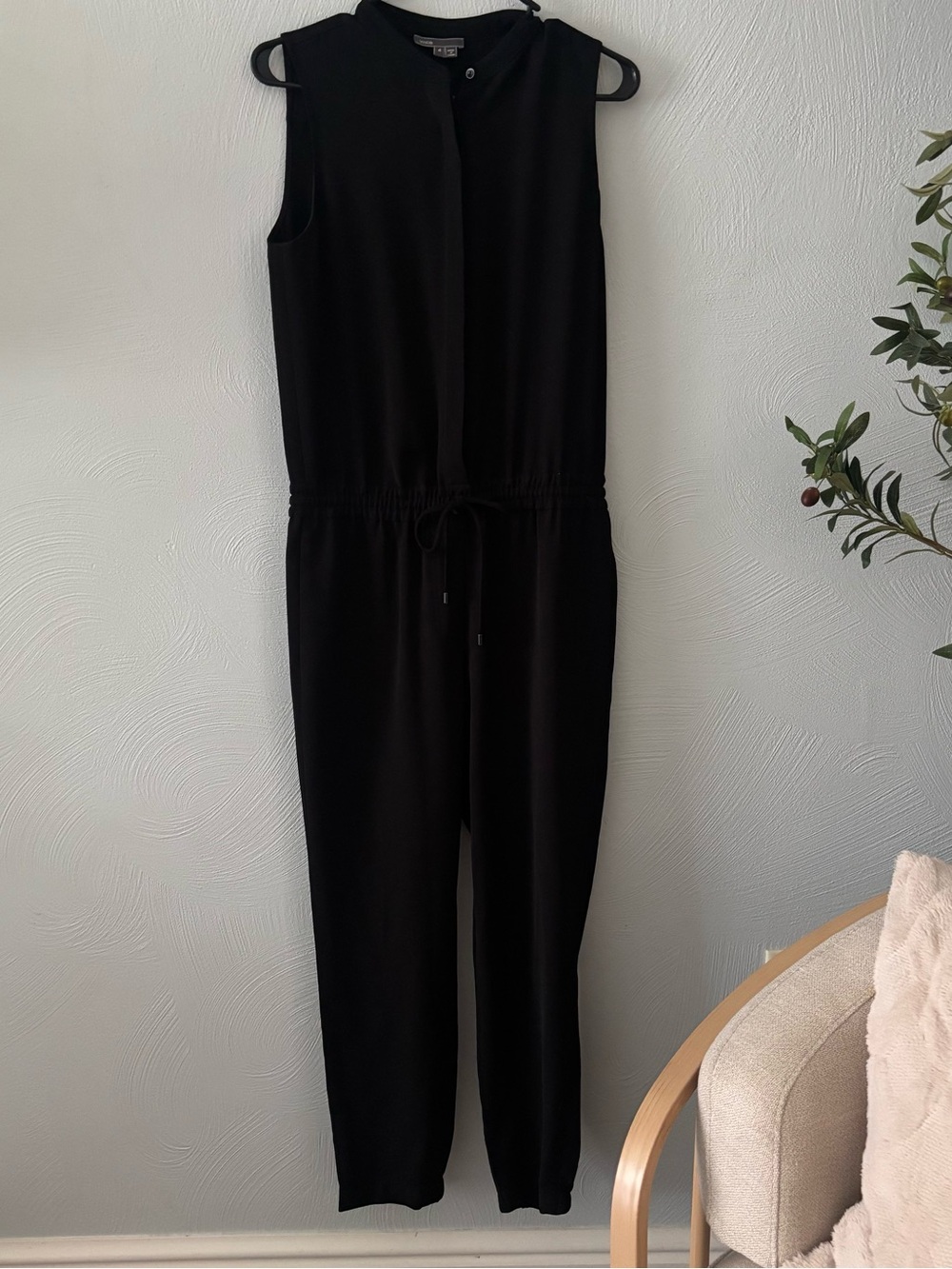 Vince Black Sleeveless 100% Polyester Jumpsuit with Drawstring Waist